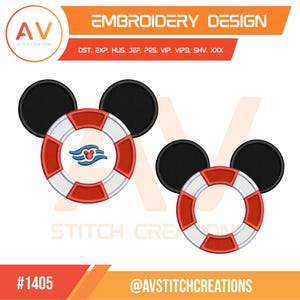 May include: An embroidery design featuring two life preservers with black circular ears. One life preserver includes a central blue and red wave icon. The text reads EMBROIDERY DESIGN, DST, EXP, HUS, JEF, PES, VIP, VIP3, SHV, XXX, #1405, and @AVSTITCHCREATIONS.