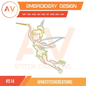 May include: An embroidery design featuring a cartoon fairy with a wand, in shades of green, yellow, and beige. The design includes the text "EMBROIDERY DESIGN" and the number "514". The logo "AV STITCH CREATIONS" is also present.