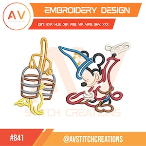 May include: Embroidery design featuring two cartoon images. One is a bucket with a yellow handle and a brown bucket. The other is a cartoon character with a blue hat, black ears, and red and brown clothing. The design includes the text "EMBROIDERY DESIGN".