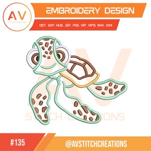 May include: An embroidery design of a cartoon sea turtle with a light green outline, brown shell, and white accents. The design includes the text "EMBROIDERY DESIGN" and the number "135". The AV Stitch Creations logo is also visible.