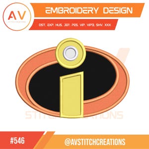 Pode incluir: Um design de bordado com um oval laranja e um centro preto. Uma forma de 'I' amarela e um elemento circular estão no centro. O design inclui o texto "EMBROIDERY DESIGN" e "AV STITCH CREATIONS".