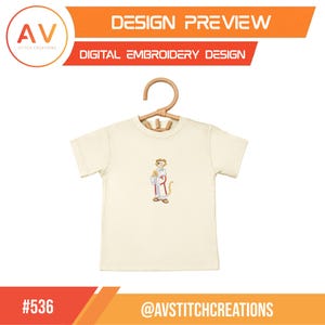May include: Cream-colored t-shirt with an embroidered design of a meerkat wearing a robe and holding a scroll. The shirt is displayed on a wooden hanger. The top of the image reads "DESIGN PREVIEW" and "DIGITAL EMBROIDERY DESIGN". The bottom of the image reads "#536" and "@AVSTITCHCREATIONS".
