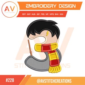 May include: An embroidery design featuring a cartoon character with black hair, a lightning bolt scar, and a red and yellow scarf. The design includes a wand and the text "EMBROIDERY DESIGN". The logo for AV Stitch Creations is in the upper left corner.