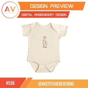 May include: Cream-colored baby bodysuit with a cartoon meerkat embroidery design. The meerkat is wearing a robe and holding a scroll. The design preview includes the text "DESIGN PREVIEW" and "DIGITAL EMBROIDERY DESIGN".