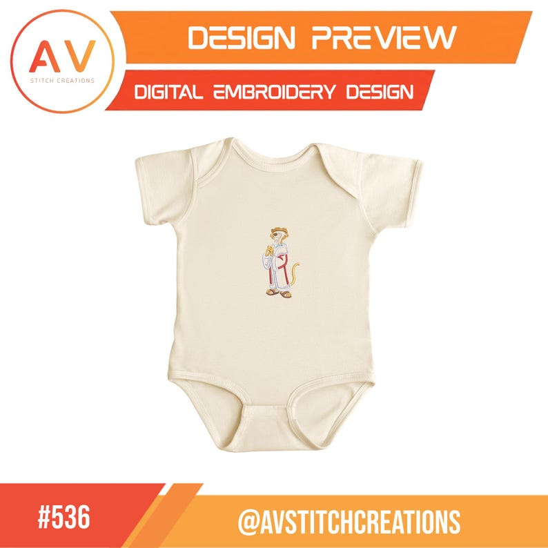 May include: Cream-colored baby bodysuit with a cartoon meerkat embroidery design. The meerkat is wearing a robe and holding a scroll. The design preview includes the text "DESIGN PREVIEW" and "DIGITAL EMBROIDERY DESIGN".