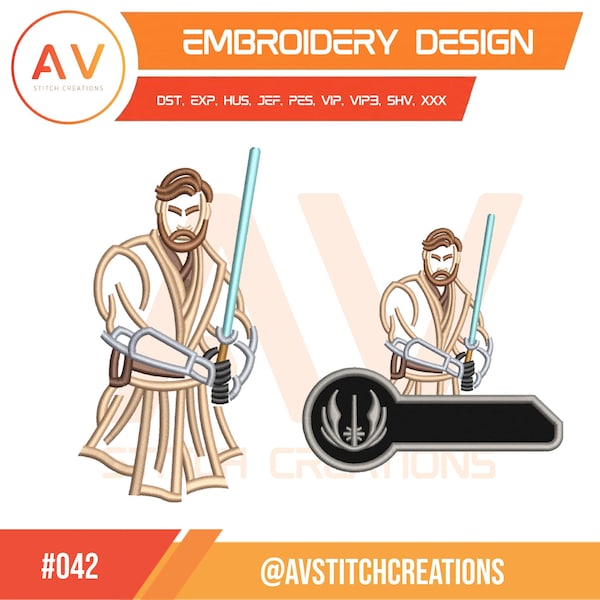 Obi Wan Jedi. Embroidery Design. Machine Embroidery File. 4x4, 5x7, 8x8 Hoop Sizes.