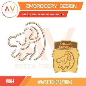 May include: Embroidery design featuring a lion's head outline and a patch with "ANIMAL KINGDOM" text. The design includes the text "EMBROIDERY DESIGN" and the logo "AV STITCH CREATIONS". The design is in shades of tan and gold.