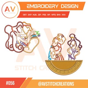 May include: Embroidery design featuring stylized figures in shades of brown, gold, blue, and purple. The design includes the text "EMBROIDERY DESIGN" and the logo "AV STITCH CREATIONS". The design also includes the text "#056" and "@AVSTITCHCREATIONS".