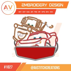 May include: An embroidery design featuring two cartoon cars, one red and one brown, with the text "EMBROIDERY DESIGN" at the top. The design includes the text "AV STITCH CREATIONS" and the number "#1027" at the bottom.