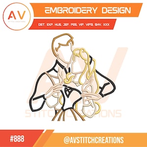 May include: An embroidery design depicting a couple in a romantic embrace. The design is outlined in black and tan, with the woman's hair in flowing blonde curls. The text "EMBROIDERY DESIGN" is at the top, with the logo "AV STITCH CREATIONS". The design includes the text "#888" and "@AVSTITCHCREATIONS".