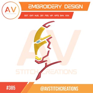 May include: An embroidery design featuring a stylized face in gold and red, with the text "EMBROIDERY DESIGN" at the top. The design includes the text "AV STITCH CREATIONS" and "@AVSTITCHCREATIONS". The design is labeled with the number "#385".