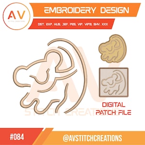 Puede incluir: Un archivo de diseño de bordado digital que presenta el contorno estilizado de un cachorro de león. La imagen incluye el texto EMBROIDERY DESIGN, los formatos DST, EXP, HUS, JEF, PES, VIP, VIP3, SHV, XXX y DIGITAL PATCH FILE. El diseño es #084.