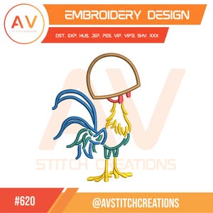 May include: An embroidery design featuring a colorful rooster with blue, green, yellow, and brown accents. The design includes the text "EMBROIDERY DESIGN" and the logo "AV STITCH CREATIONS". The design is labeled with the number "#620" and the social media handle "@AVSTITCHCREATIONS".