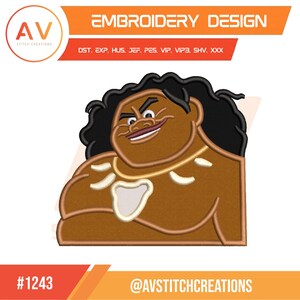May include: An embroidery design featuring a cartoon character with dark skin, black hair, and a necklace. The design includes the text "EMBROIDERY DESIGN" and the logo of "AV STITCH CREATIONS". The design also includes the text "#1243" and "@AVSTITCHCREATIONS".