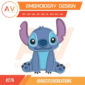 May include: An embroidery design of a blue cartoon character with large ears, a light blue belly, and black eyes. The design includes the text "EMBROIDERY DESIGN" and "AV STITCH CREATIONS". The design also includes the text "#276" and "@AVSTITCHCREATIONS".