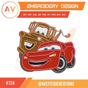 Lightning McQueen & Tow Mater. Applique Design. Machine Embroidery File, 4x4, 5x7, 8x8 Hoop Sizes.