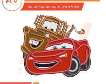 Lightning McQueen & Tow Mater. Appliqué ontwerp. Machineborduurbestand, borduurringformaten 4 x 4, 5 x 7, 8 x 8.