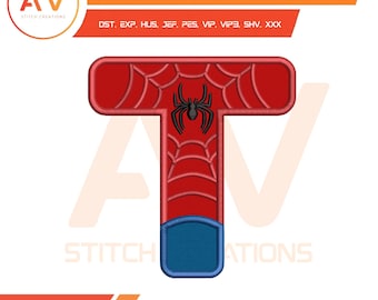 Spider Hero Letter T Applique Machine Embroidery Design, PES JEF DST 4x4 5x7 8x8