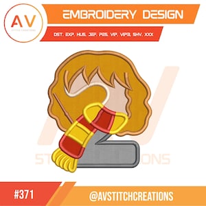 May include: An embroidery design featuring a cartoon character with blonde hair, a red and yellow scarf, and a wand. The design includes the text "EMBROIDERY DESIGN" and the logo of "AV STITCH CREATIONS". The design is labeled with the number "#371".