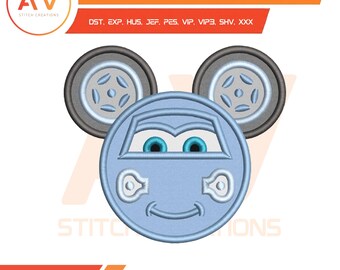 Turbo Diva Mouse Ears Blue Sports Car Pinstripe Applique Machine Embroidery Design, PES JEF DST 4x4 5x7 8x8