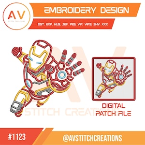 May include: An embroidery design featuring a stylised red and gold armoured character in a dynamic pose with an outstretched hand. The design includes the text EMBROIDERY DESIGN, file formats DST, EXP, HUS, JEF, PES, VIP, VIP3, SHV, XXX, and DIGITAL PATCH FILE.
