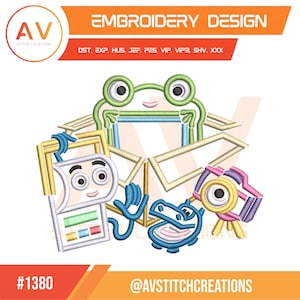May include: An embroidery design featuring a green frog, a white rectangular character with a screen, a blue creature, and a pink circular character. The text reads EMBROIDERY DESIGN, DST, EXP, HUS, JEF, PES, VIP, VIP3, SHV, XXX, #1380, and @AVSTITCHCREATIONS.