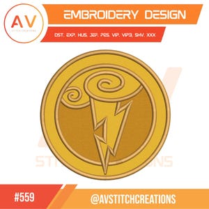 May include: A gold-colored embroidery design featuring a circular emblem with a lightning bolt and swirling cloud design. The text "EMBROIDERY DESIGN" is at the top, with "AV STITCH CREATIONS" and the number "559" at the bottom. The design is on a white background.