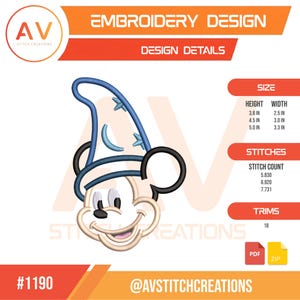 Op de afbeelding: Een borduurontwerp met een cartoonmuis met een blauwe tovenaars hoed. De ontwerpdetails omvatten grootte, steekaantal en afwerkingen. Het ontwerp is beschikbaar in PDF- en ZIP-formaten. De tekst "EMBROIDERY DESIGN" en "DESIGN DETAILS" is ook opgenomen.