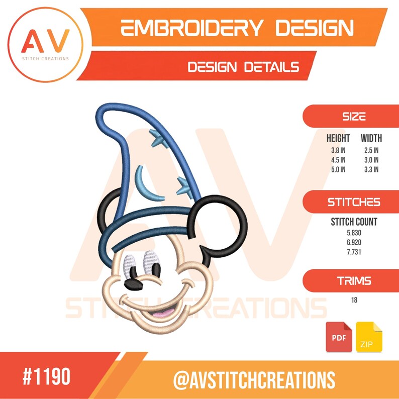 Op de afbeelding: Een borduurontwerp met een cartoonmuis met een blauwe tovenaars hoed. De ontwerpdetails omvatten grootte, steekaantal en afwerkingen. Het ontwerp is beschikbaar in PDF- en ZIP-formaten. De tekst "EMBROIDERY DESIGN" en "DESIGN DETAILS" is ook opgenomen.