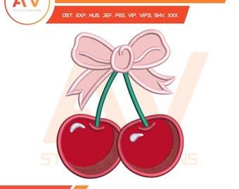 Sweet Cherry Bow Applique Machine Embroidery Design, PES JEF DST 4x4 5x7 8x8