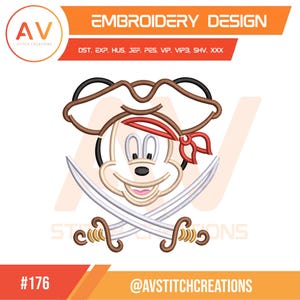 May include: Embroidery design featuring a cartoon mouse wearing a pirate hat and red bandana, with crossed swords. The design includes the text "EMBROIDERY DESIGN" and the number "176". The logo for AV Stitch Creations is also present.