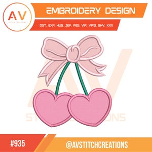 Heart Shaped Cherries Love Fruit Sweet Berry Applique Machine Embroidery Design, PES JEF DST 4x4 5x7 8x8 Hoop Sizes