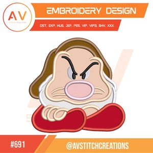 May include: An embroidery design featuring a cartoon character with a grumpy expression. The design includes a brown hair, a white beard, and red arms. The text "EMBROIDERY DESIGN" is at the top, and the logo for AV Stitch Creations is in the upper left corner.