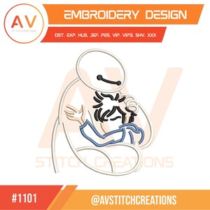 May include: An embroidery design featuring a cartoon character embracing another. The design includes the text "EMBROIDERY DESIGN" and "AV STITCH CREATIONS". The design is in white, black, and blue. The design also includes the number "#1101" and the username "@AVSTITCHCREATIONS".