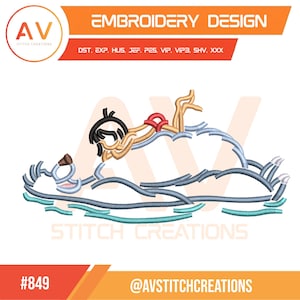 May include: An embroidery design featuring a cartoon figure in a red swimsuit, floating on a blue and white cloud-like shape. The design includes the text "EMBROIDERY DESIGN" and the logo "AV STITCH CREATIONS". The design is labeled with the number "#849".