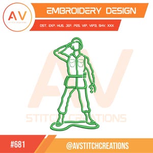 May include: Green outline embroidery design of a toy soldier saluting. The design includes the text "EMBROIDERY DESIGN" and the logo for AV Stitch Creations. The design is labeled with the number #681 and the Instagram handle @AVSTITCHCREATIONS.