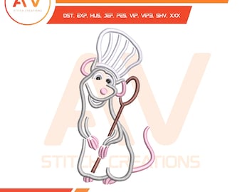 Diseño de bordado a máquina de retrato de un pequeño ratón chef cocinando con sombrero blanco, PES JEF DST 4x4 5x7 8x8