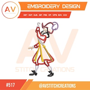 Può includere: Un disegno per ricamo con un'illustrazione di un personaggio dei cartoni animati in un abito rosso e giallo, che tiene un uncino e un bastone. Il disegno include il testo "EMBROIDERY DESIGN" e il logo "AV STITCH CREATIONS". Il disegno è contrassegnato con il numero "#517".