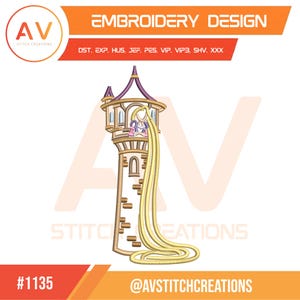 May include: An embroidery design of a cartoon tower with a long, flowing blonde braid. The tower is tan with purple accents. The design includes the text "EMBROIDERY DESIGN" and "AV STITCH CREATIONS". The design number is #1135.