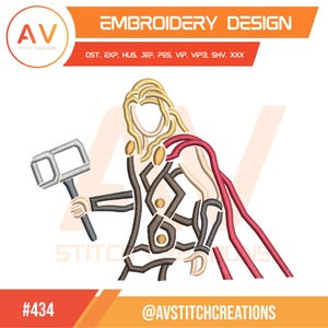May include: An embroidery design featuring a stylized illustration of a character holding a hammer. The design uses lines in shades of brown, black, red, and cream, with a blonde hair outline. The design includes the text "EMBROIDERY DESIGN" and "AV STITCH CREATIONS".