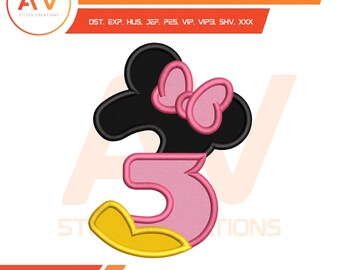 Topolino per bambina, numero 3, ricamo a macchina, applicazione per compleanno, PES JEF DST 4x4 5x7 8x8