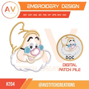 May include: An embroidery design featuring a cartoon character with a white beard, a tan hat, and blue glasses. The text reads EMBROIDERY DESIGN, DST, EXP, HUS, JEF, PES, VIP, VIP3, SHV, XXX, DOC, DIGITAL PATCH FILE, #204, and AVSTITCHCREATIONS.