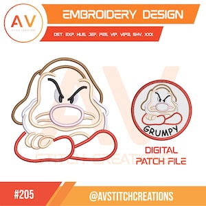 May include: An embroidery design file featuring a cartoon character with a grumpy expression, crossed arms, and a large nose. The design includes a circular patch version with the text GRUMPY, alongside file formats DST, EXP, HUS, JEF, PES, VIP, VIP3, SHV, XXX.