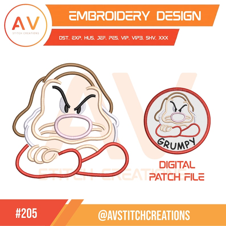 Puede incluir: Un archivo de dise&ntilde;o de bordado con un personaje de dibujos animados con expresi&oacute;n gru&ntilde;ona, brazos cruzados y una nariz grande. El dise&ntilde;o incluye una versi&oacute;n de parche circular con el texto GRUMPY y los formatos de archivo DST, EXP, HUS, JEF, PES, VIP, VIP3, SHV, XXX.
