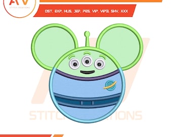 Little Green Alien Mouse Ears. Space Friend Applique Machine Embroidery Design, PES JEF DST 4x4 5x7 8x8