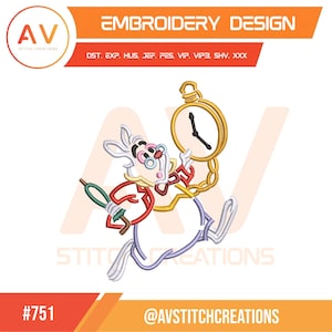 Puede incluir: Diseño de bordado de un conejo blanco con un reloj de bolsillo, con detalles en rojo, amarillo y azul. El diseño incluye el texto "EMBROIDERY DESIGN" y "AV STITCH CREATIONS". El diseño está etiquetado con el número "#751".