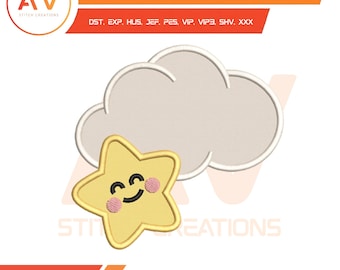 Diseño de bordado a máquina de nube y estrella, dulces sueños, cielo nocturno para habitación infantil, aplique para bebé, PES JEF DST, aros de 4x4, 5x7 y 8x8 pulgadas.