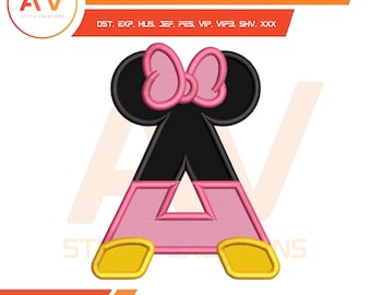Kleines Mädchen-Maus-Buchstabe A. Applikations-Design. Stickdatei für die Maschine, 10x10, 5x7, 8x8, Hoops.
