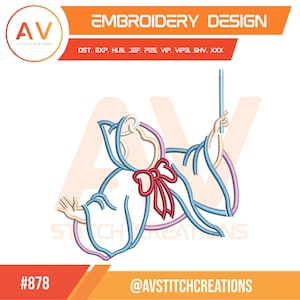 Könnte beinhalten: Ein Stickdesign mit einer stilisierten Figur in Blau, Rosa und Rot. Das Design enthält den Text "EMBROIDERY DESIGN" und das Logo von "AV STITCH CREATIONS". Das Design enthält auch den Text "DST. EXP. HUS. JEF. PES. VIP. VIP3. SHV. XXX" und die Nummer "#878".