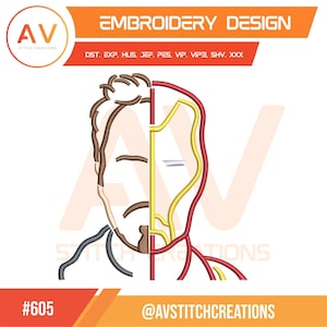 Może przedstawiać: Wzór haftu przedstawiający stylizowaną twarz podzieloną na pół, z jedną stroną w kolorze brązowym, a drugą w kolorze żółtym i czerwonym. Projekt zawiera tekst "EMBROIDERY DESIGN" i logo "AV STITCH CREATIONS". Projekt oznaczony numerem "#605".